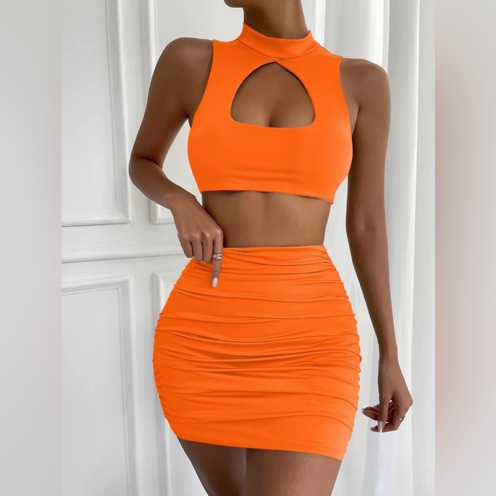Cutout Crop Top and Ruched Mini Skirt Set - Vibrant Orange - Picture 5 of 5